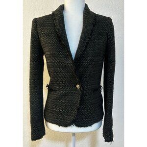 Zara Woman Single Button Tweed Blazer Raw Edge Green Women’s Size XS